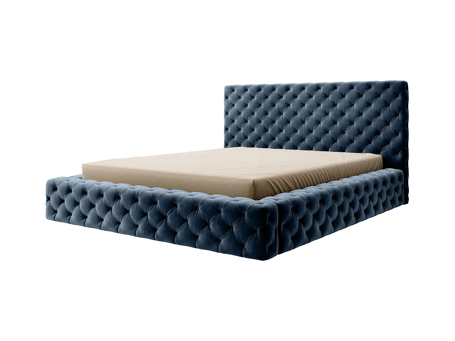 Lit design avec tête de lit et coffre capitonné velours bleu Prince - 3 tailles-180x200