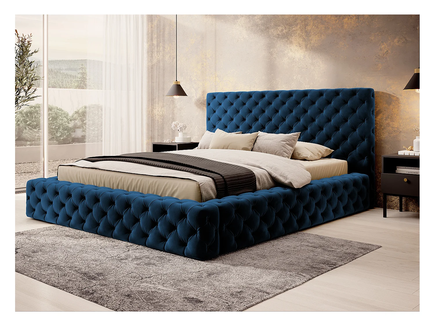 Lit design avec tête de lit et coffre capitonné velours bleu Prince - 3 tailles-180x200