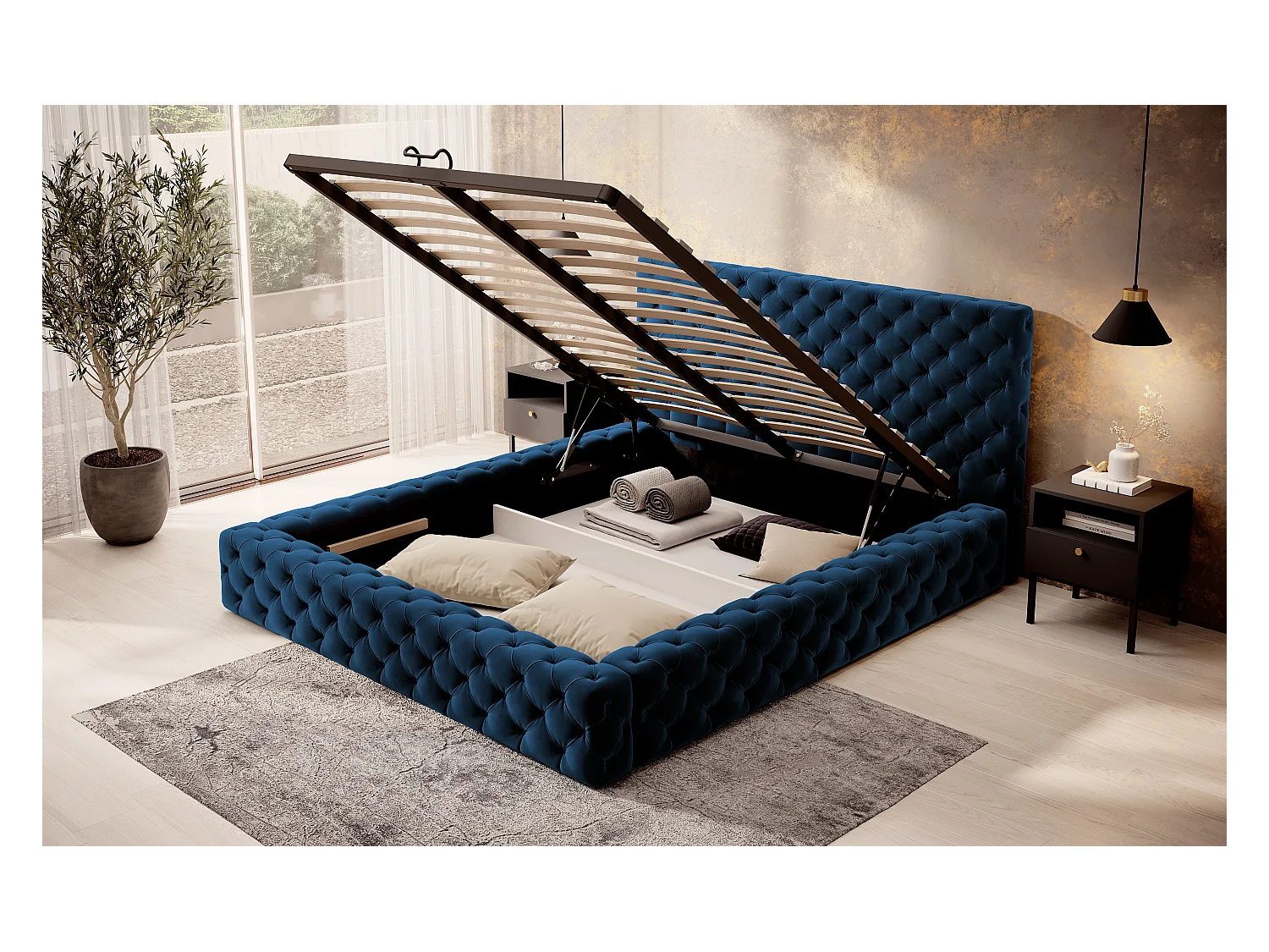 Lit design avec tête de lit et coffre capitonné velours bleu Prince - 3 tailles-180x200