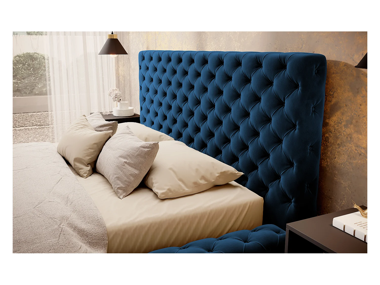 Lit design avec tête de lit et coffre capitonné velours bleu Prince - 3 tailles-180x200