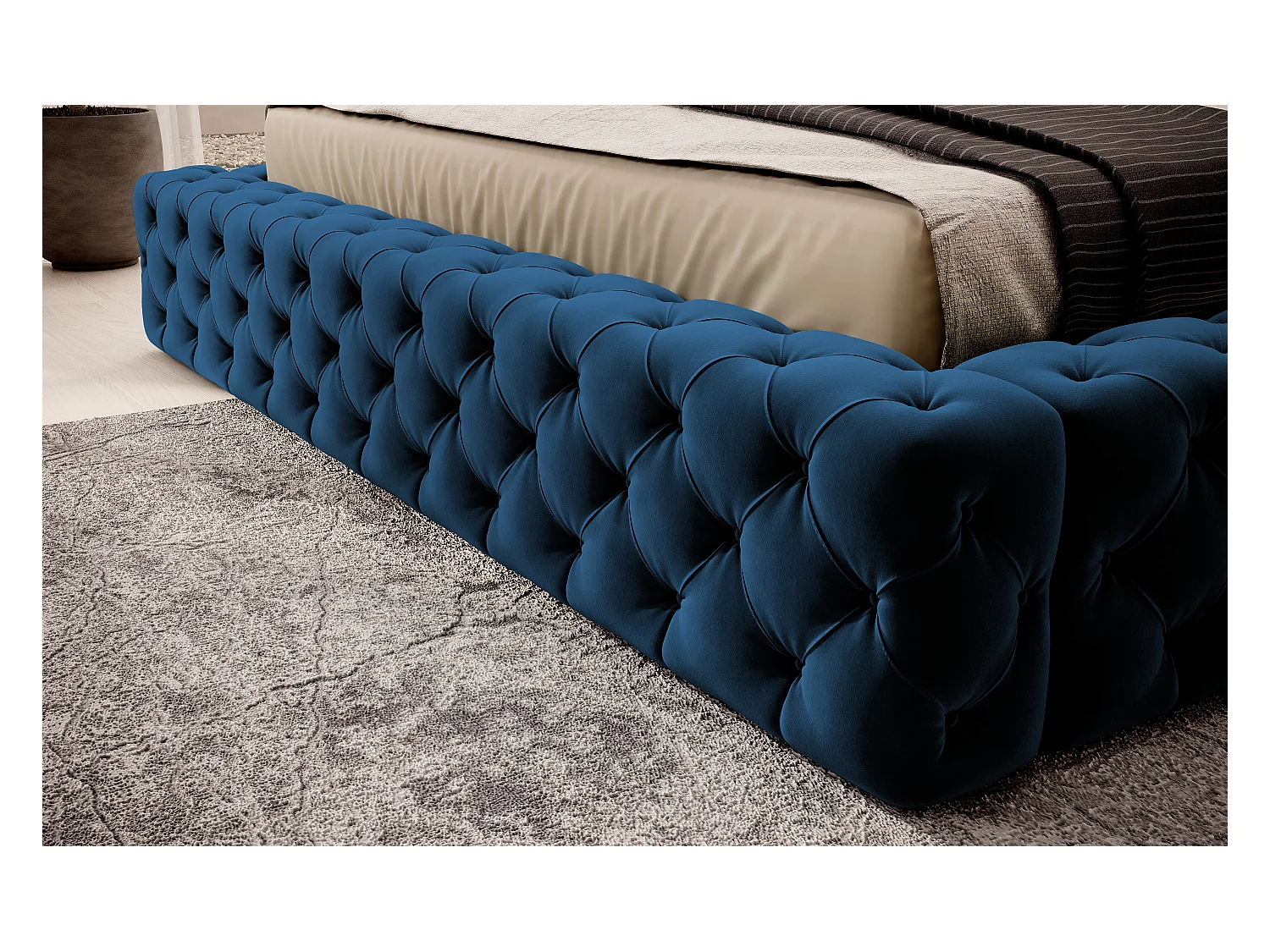 Lit design avec tête de lit et coffre capitonné velours bleu Prince - 3 tailles-180x200