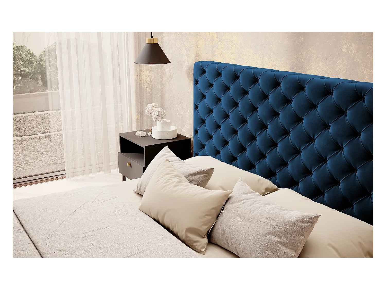 Lit design avec tête de lit et coffre capitonné velours bleu Prince - 3 tailles-180x200