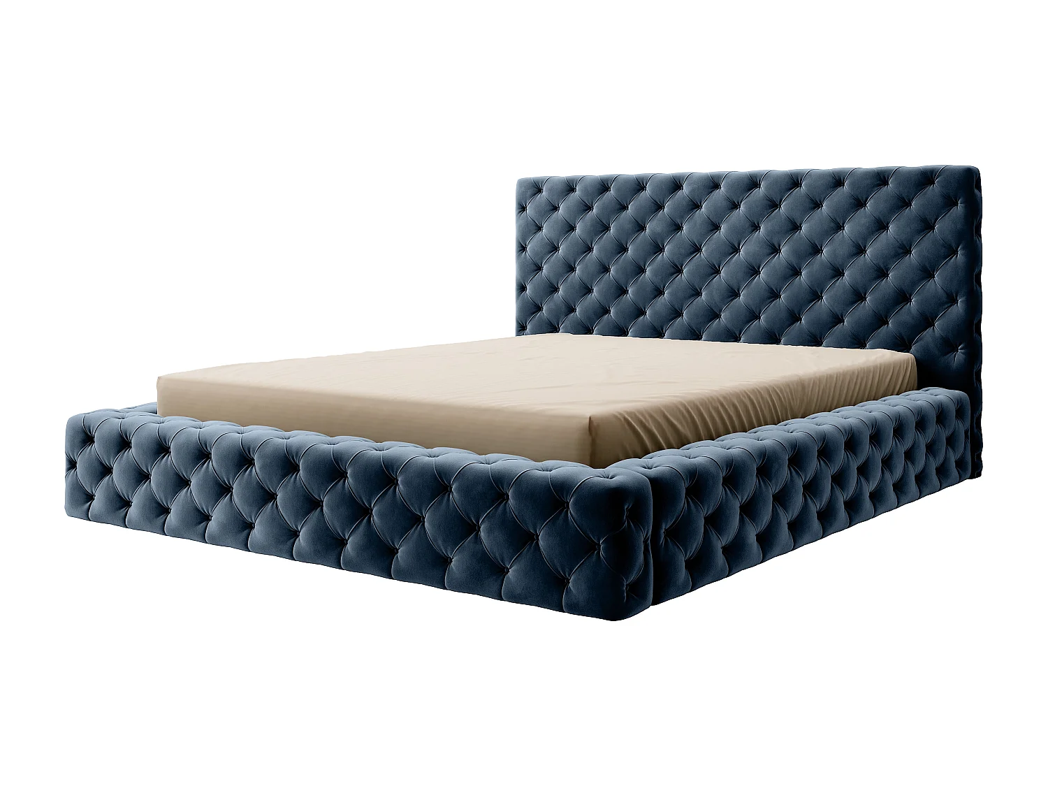 Lit design avec tête de lit et coffre capitonné velours bleu Prince - 3 tailles-180x200