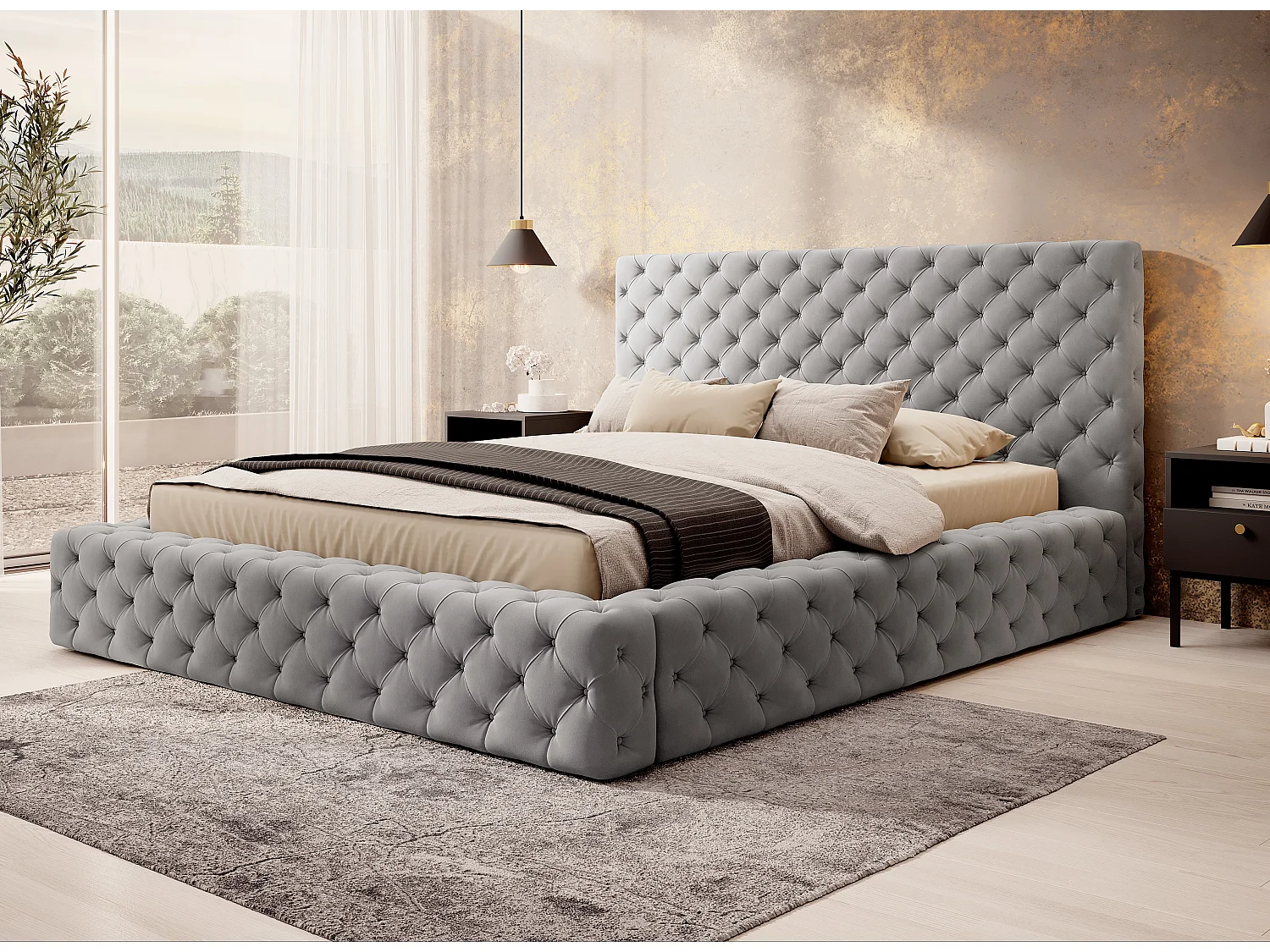 Lit design avec tête de lit et coffre capitonné velours gris Prince - 3 tailles-160x200