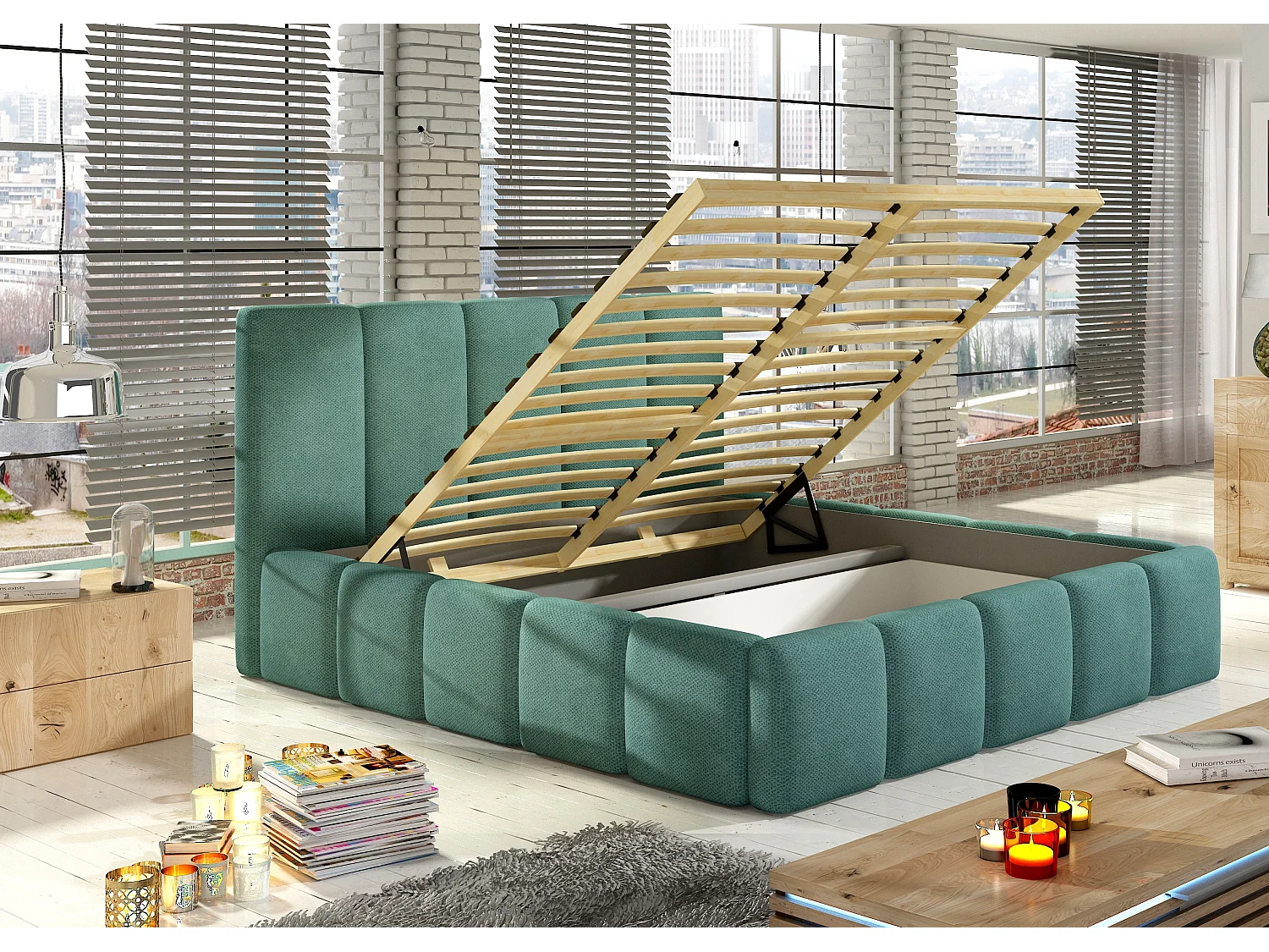 Lit adulte avec coffre de rangement Vika – Tissu capitonné-Vert céladon-160x200