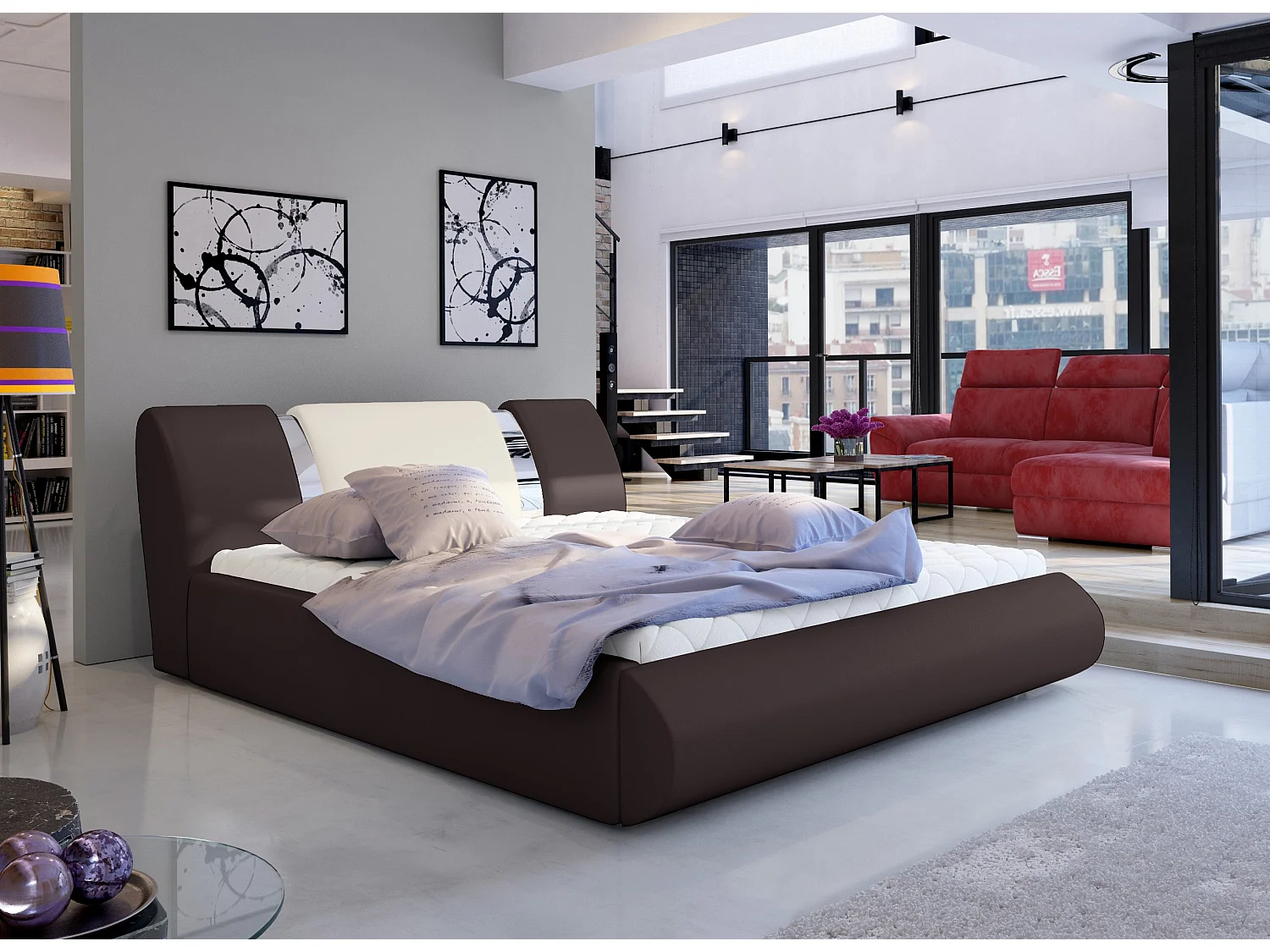 Lit coffre 180x200 simili marron-beige et métal chromé Flavien