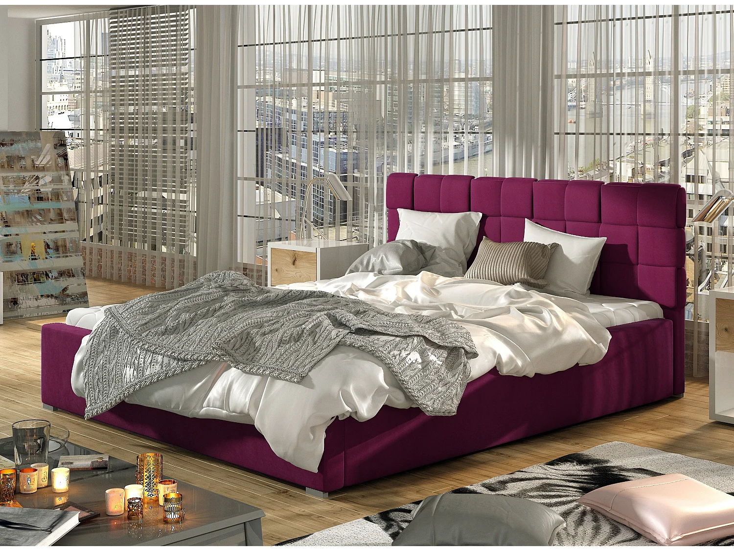 Lit avec coffre de rangement 140x200 capitonné velours bordeaux Kandy