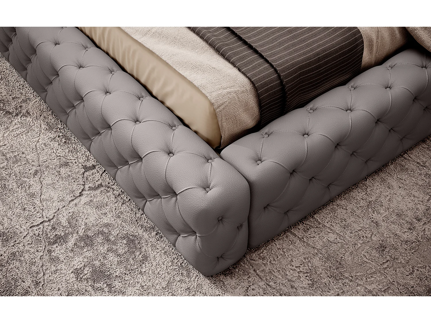 Lit design avec tête de lit et coffre capitonné simili cuir gris Prince - 3 tailles-180x200