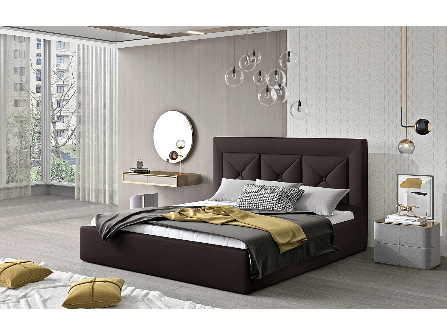 Tweepersoonsbed bekleed met Clarin-imitatieleer-Kleur Bruin-Slapen 160x200cm-Versie met boxspring