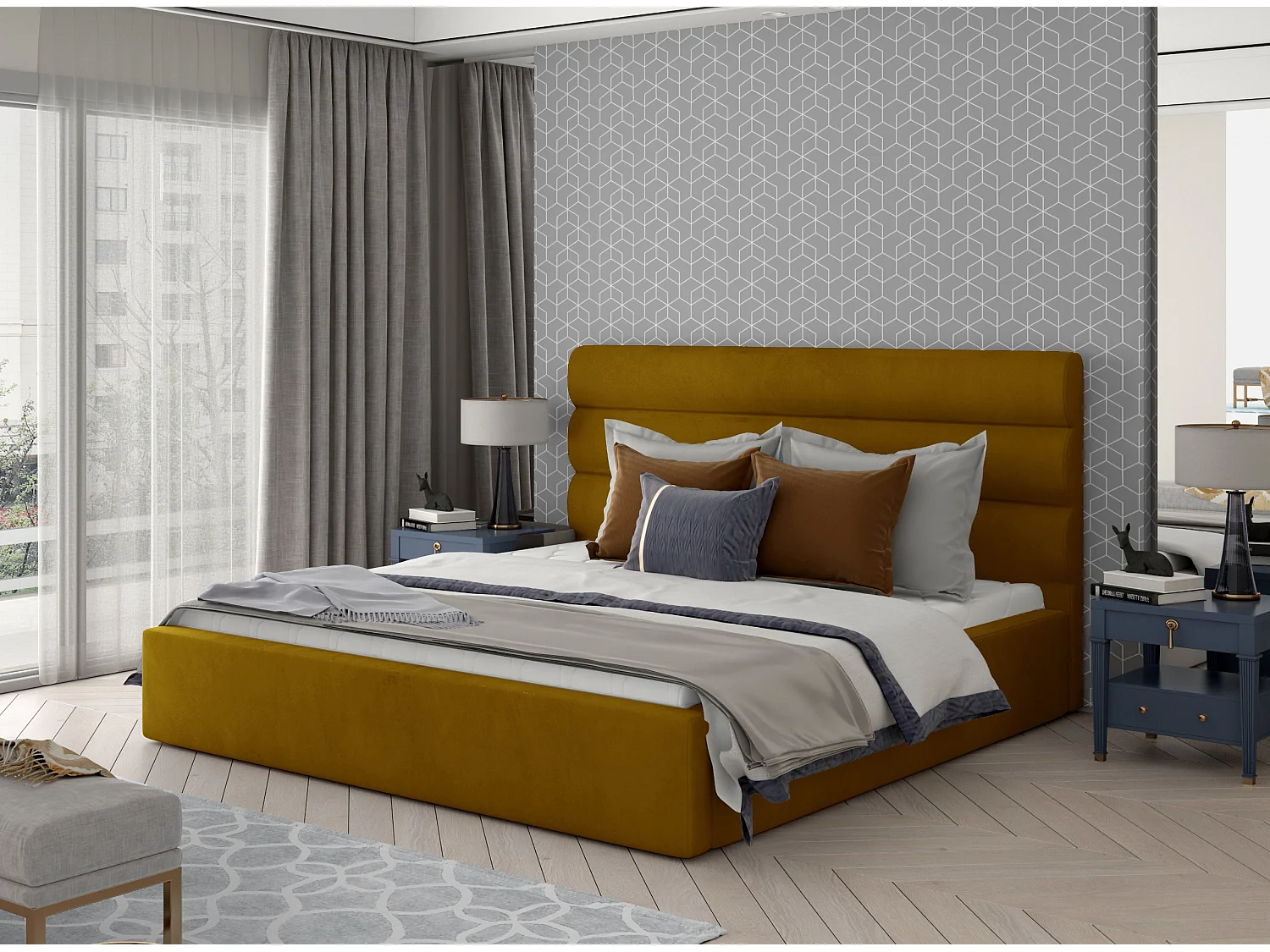 Lit design velours jaune avec coffre de rangement Klarina-180x200