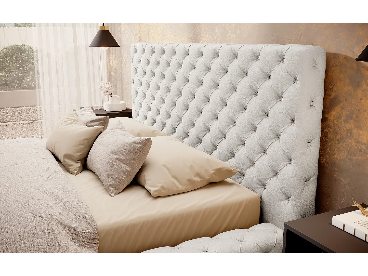 Lit design avec tête de lit et coffre capitonné simili cuir blanc Prince - 3 tailles-160x200