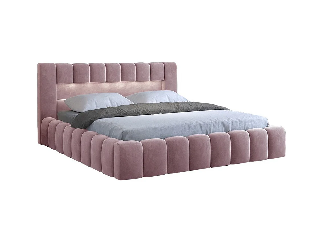 Lit design avec coffre tapissé velours Luto-Couleur Rose poudré-180x200