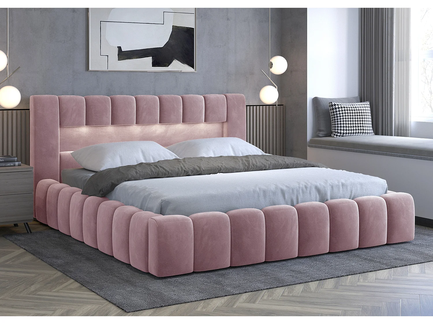 Lit design avec coffre tapissé velours Luto-Couleur Rose poudré-180x200