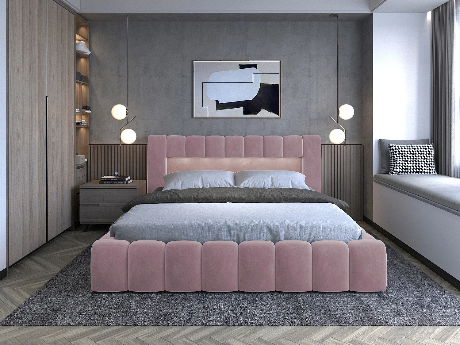 Lit design avec coffre tapissé velours Luto-Couleur Rose poudré-180x200