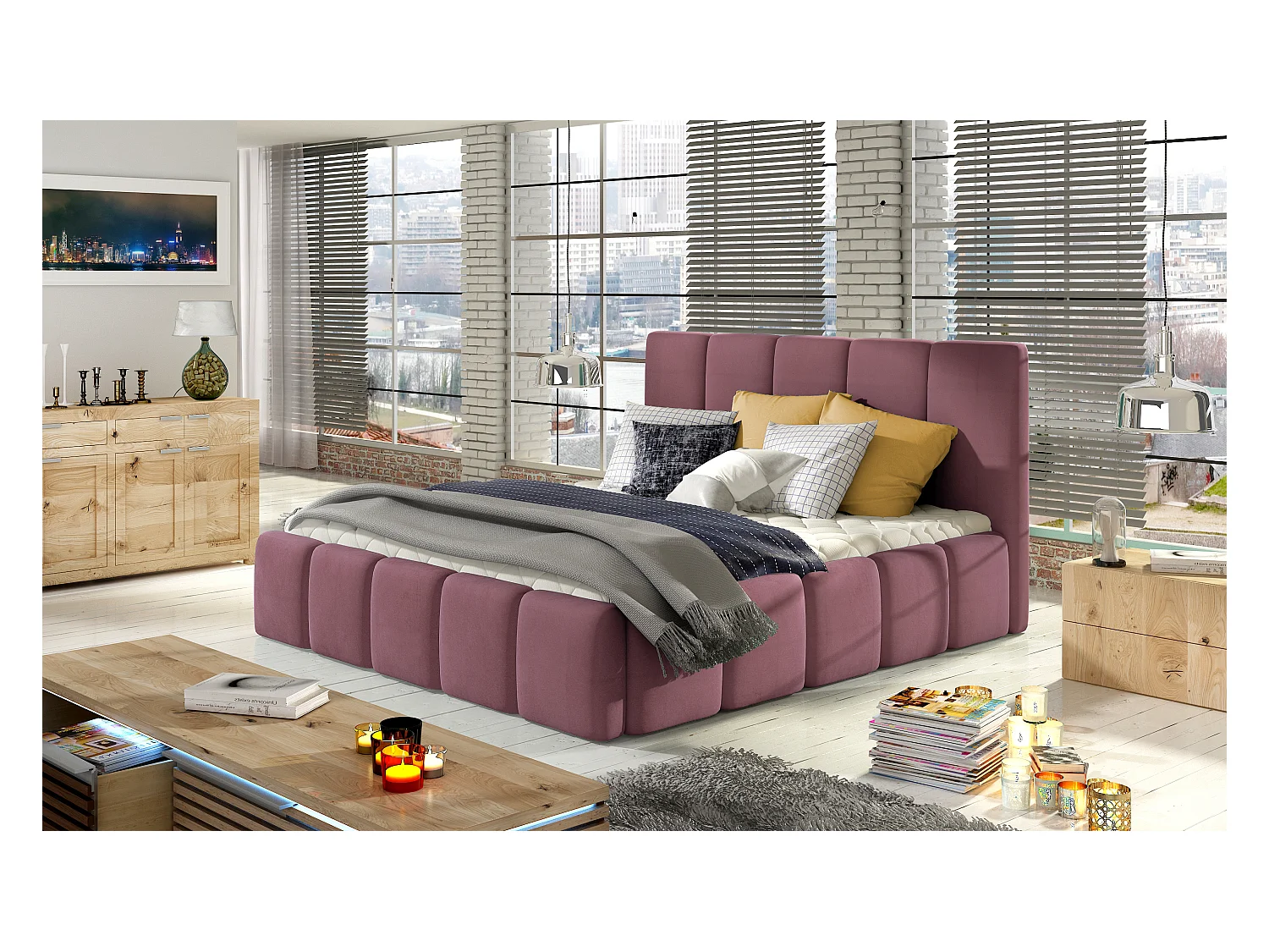 Lit moderne capitonné velours Vika-Couleur Rose balais-180x200-Version avec sommier