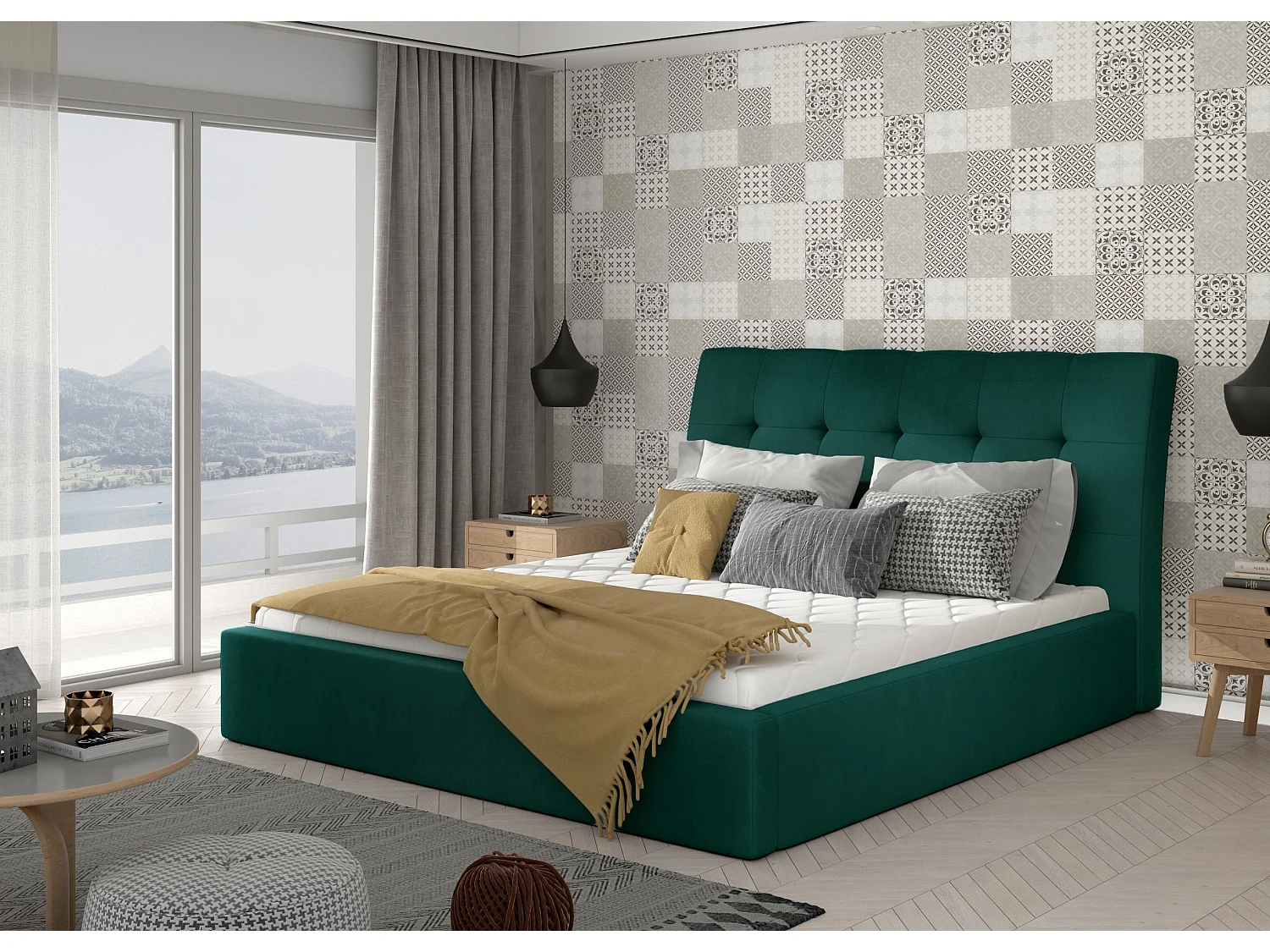 Lit capitonné avec rangement velours vert foncé Klein - 4 tailles-140x200