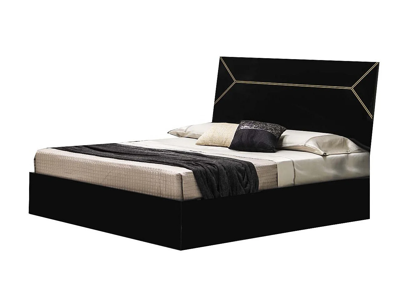 Zwart gelakt houten opbergbed en zwart gelakt en goudkleurig Diamanto hoofdeinde-Slapen 160x200cm