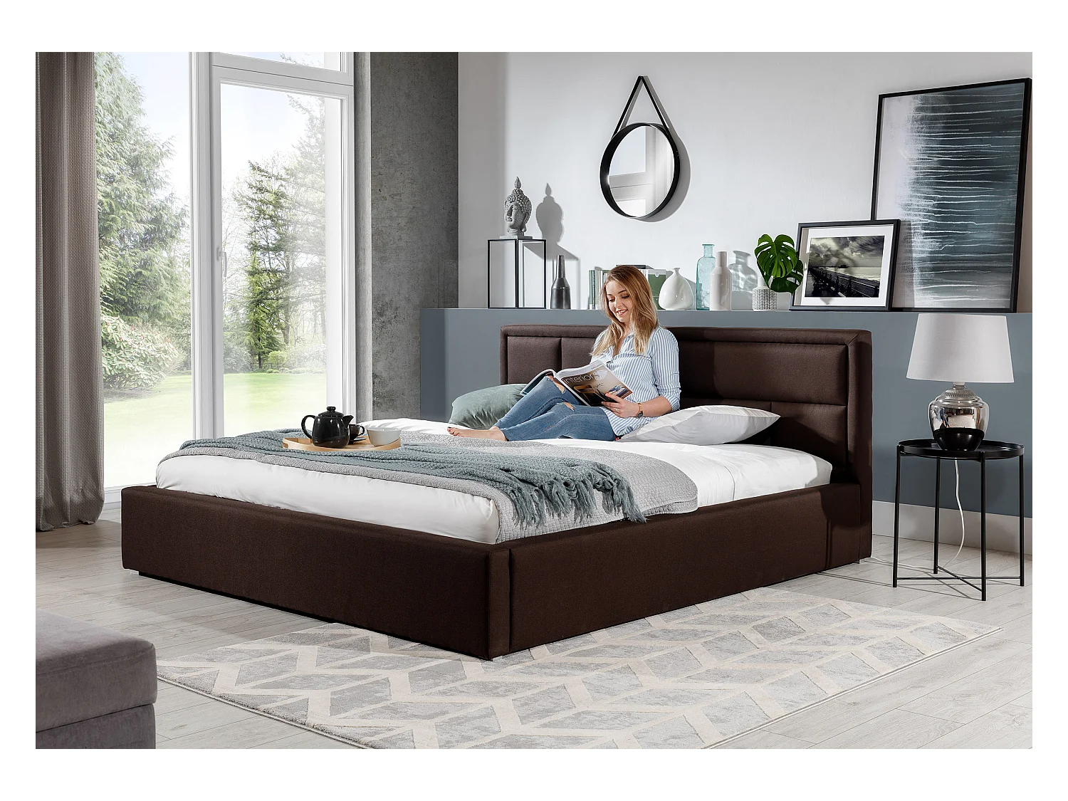 Lenzo volwassenenbed met opbergdoos – Gewatteerd fluweel-Kleur Dennengroen-Slapen 160x200cm