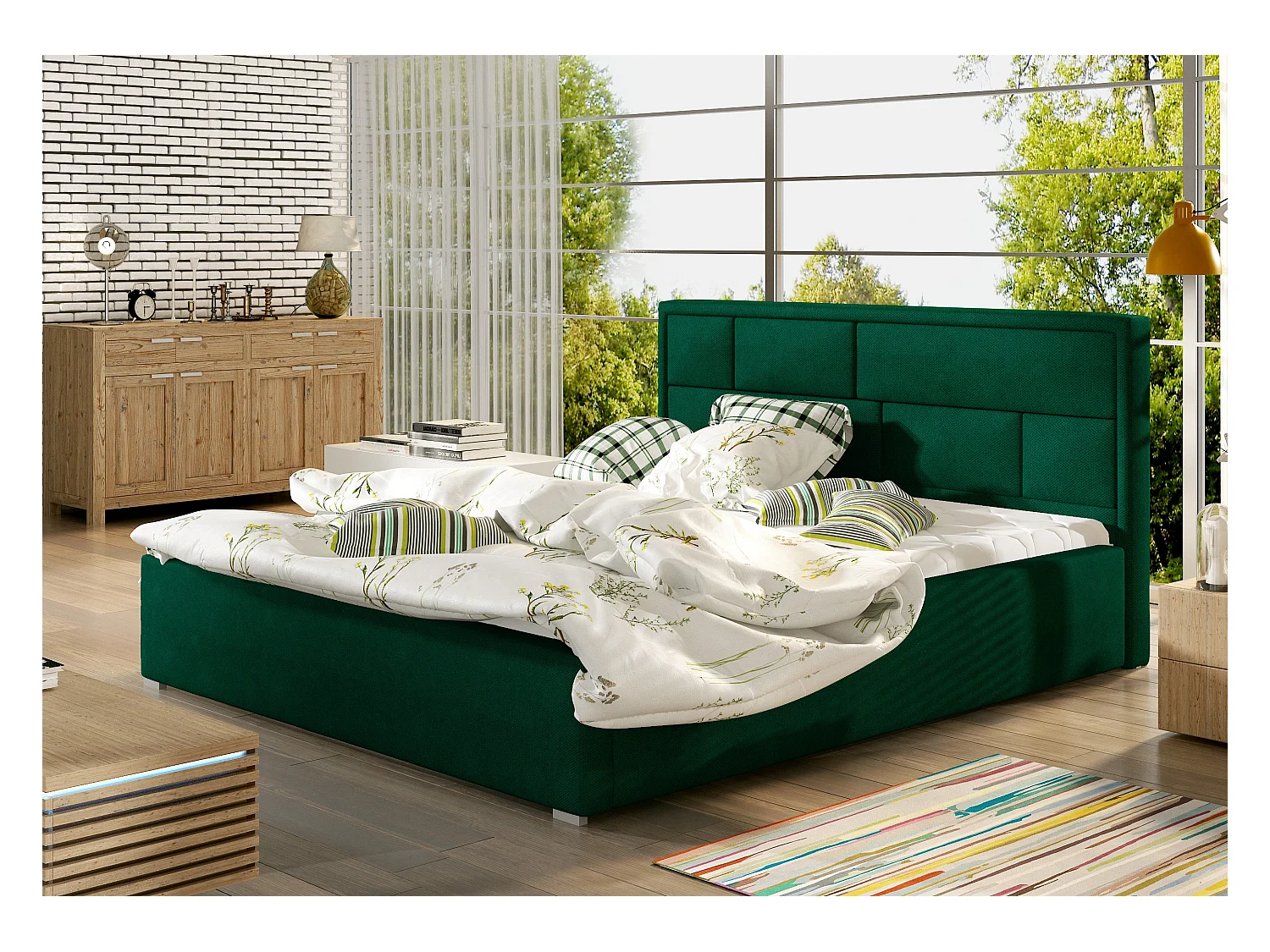 Lenzo volwassenenbed met opbergdoos – Gewatteerd fluweel-Kleur Dennengroen-Slapen 160x200cm