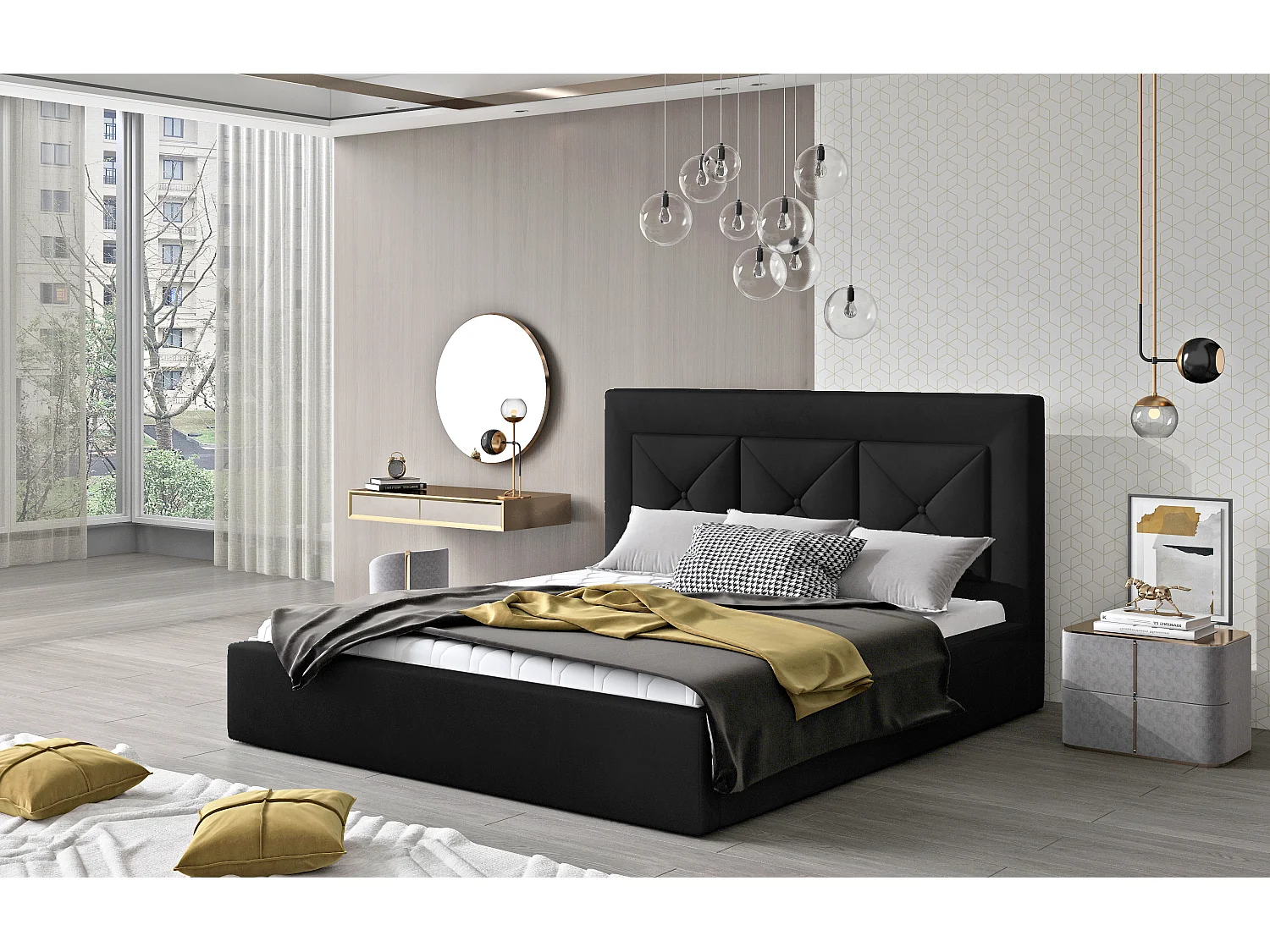 Lit double rembourré en velours Clarin-Couleur Noir-140x200-Version avec sommier