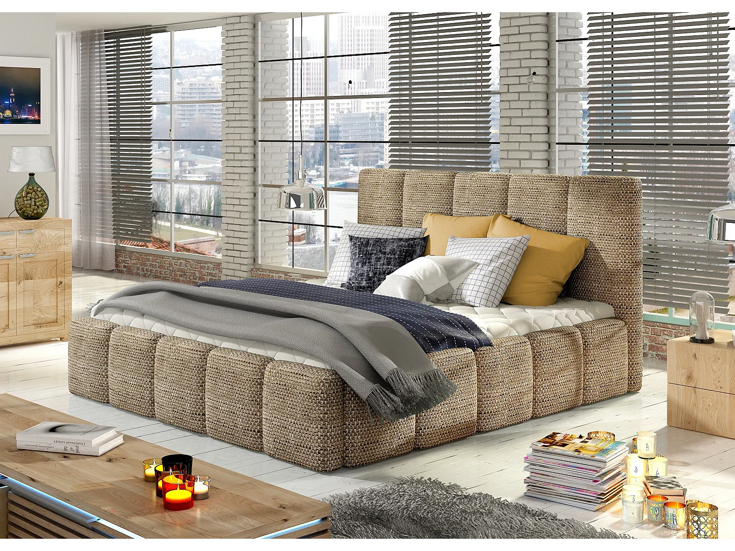 Lit adulte avec coffre de rangement Vika – Tissu capitonné-Beige chiné-180x200