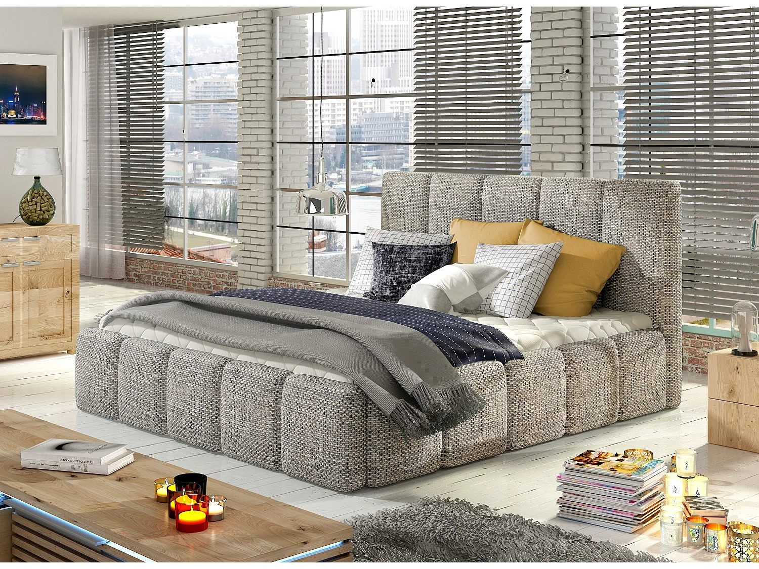 Volwassenenbed met opbergbox Vika – Gewatteerde stof-Kleur Heide grijs-Slapen 160x200cm