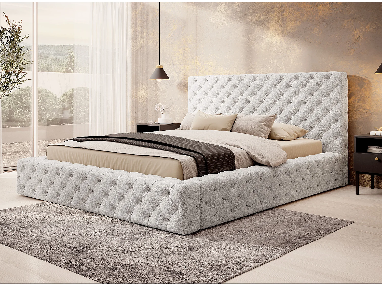 Lit design avec tête de lit et coffre capitonné velours écru Prince - 3 tailles-180x200