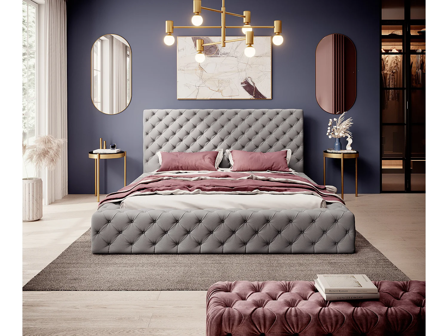 Lit design avec tête de lit et coffre capitonné velours écru Prince - 3 tailles-180x200