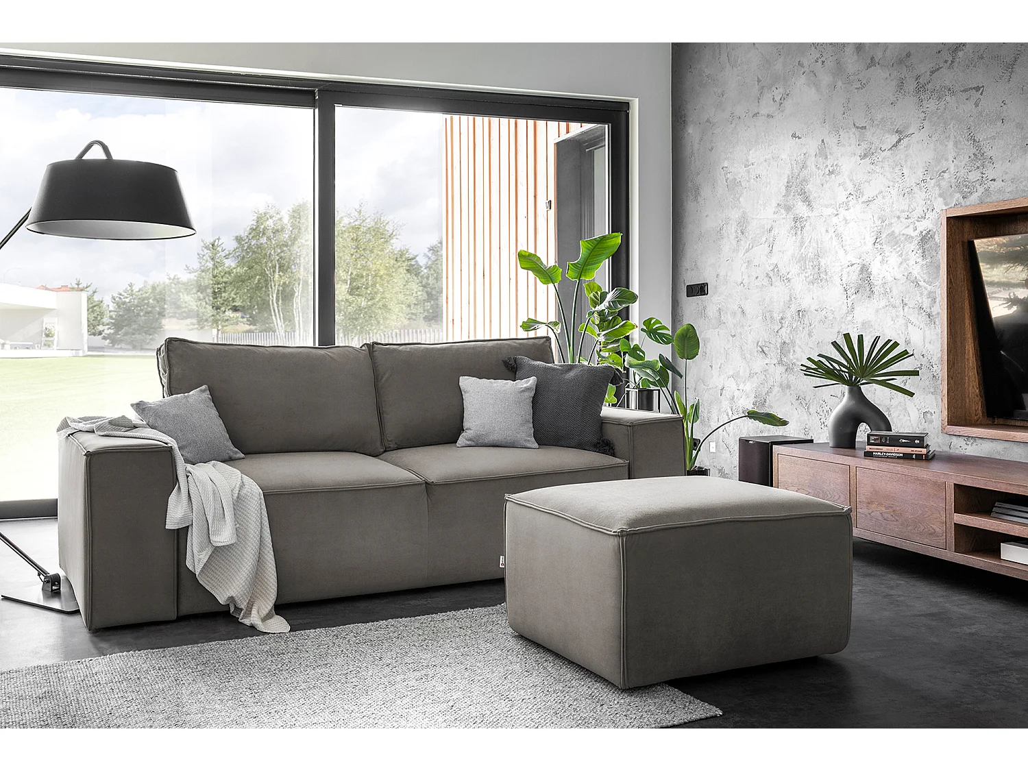 Pouf de salon en velours WILACE – Élégant et confortable-Gris taupe