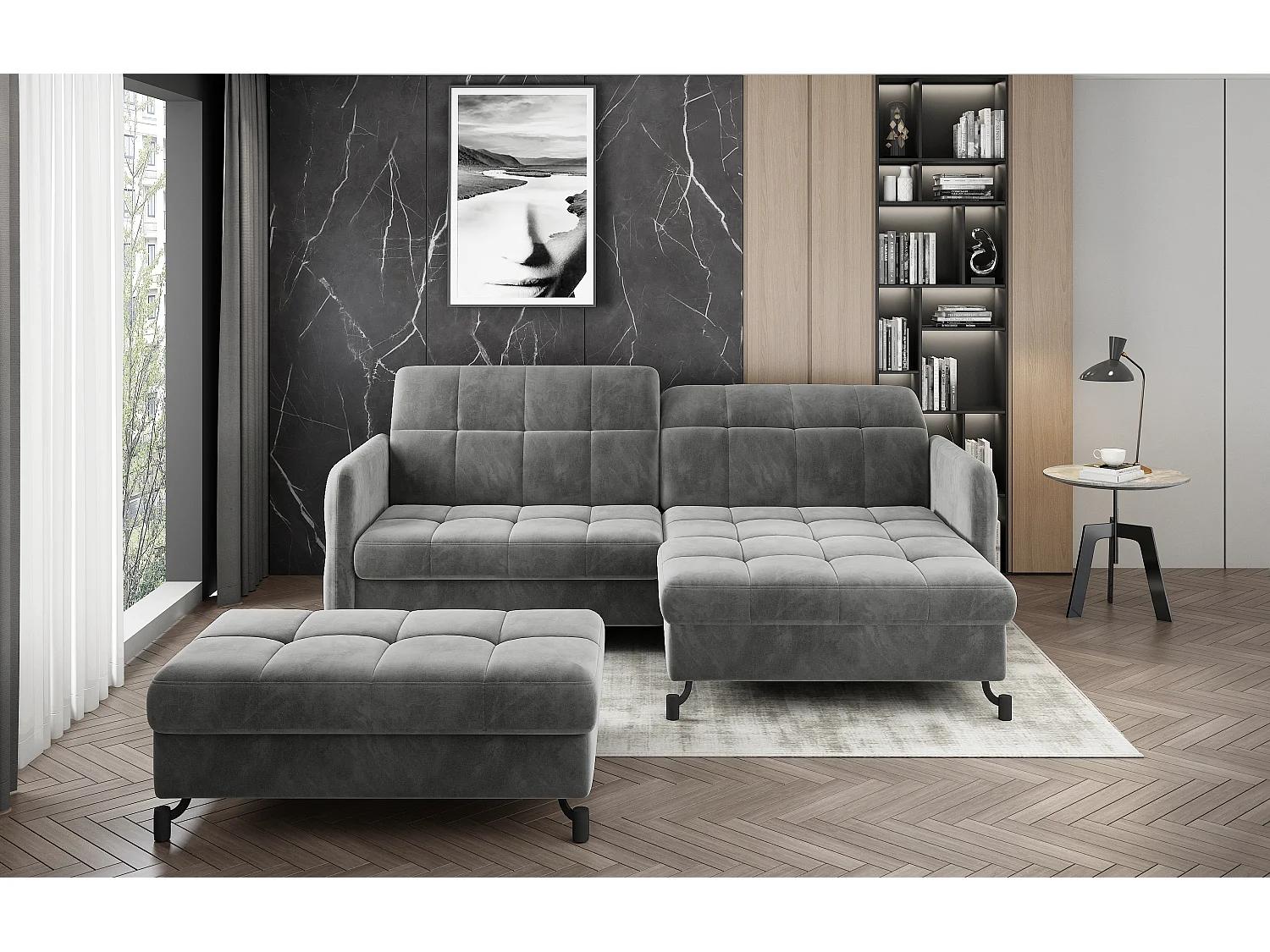 Pouf velours matelassé bleu avec coffre de rangement Lory 100cm