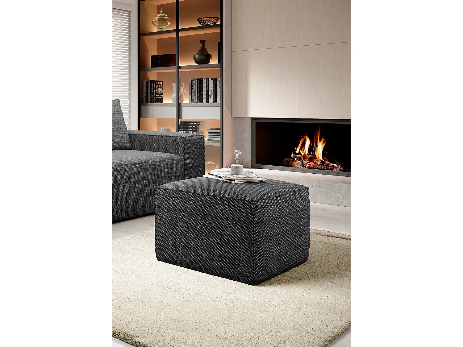 Pouf moderne tissu gris foncé chiné Willace 88cm