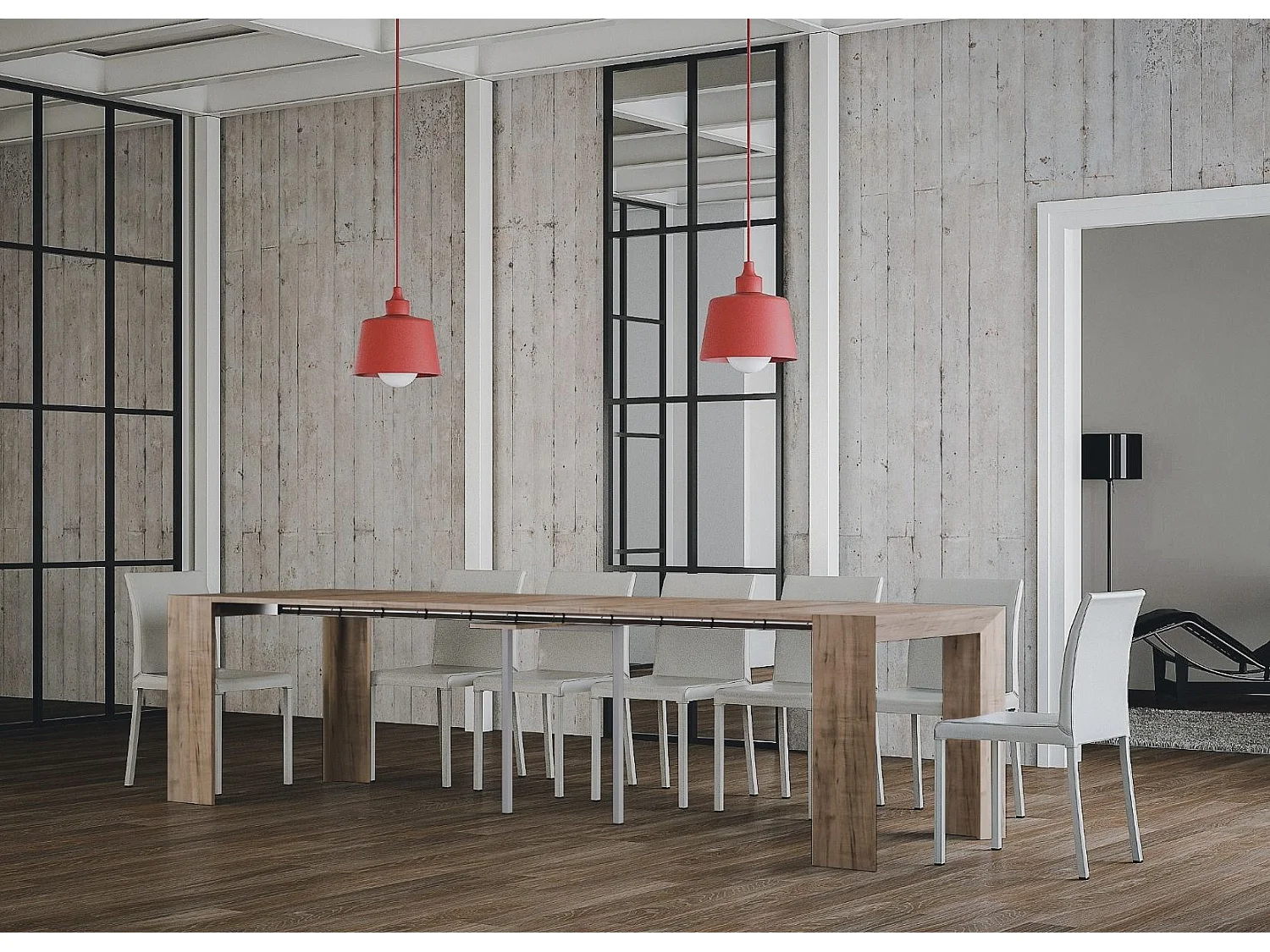 Uitschuifbare naturel eiken melamine console voor 12 personen 45 tot 305 cm Genève