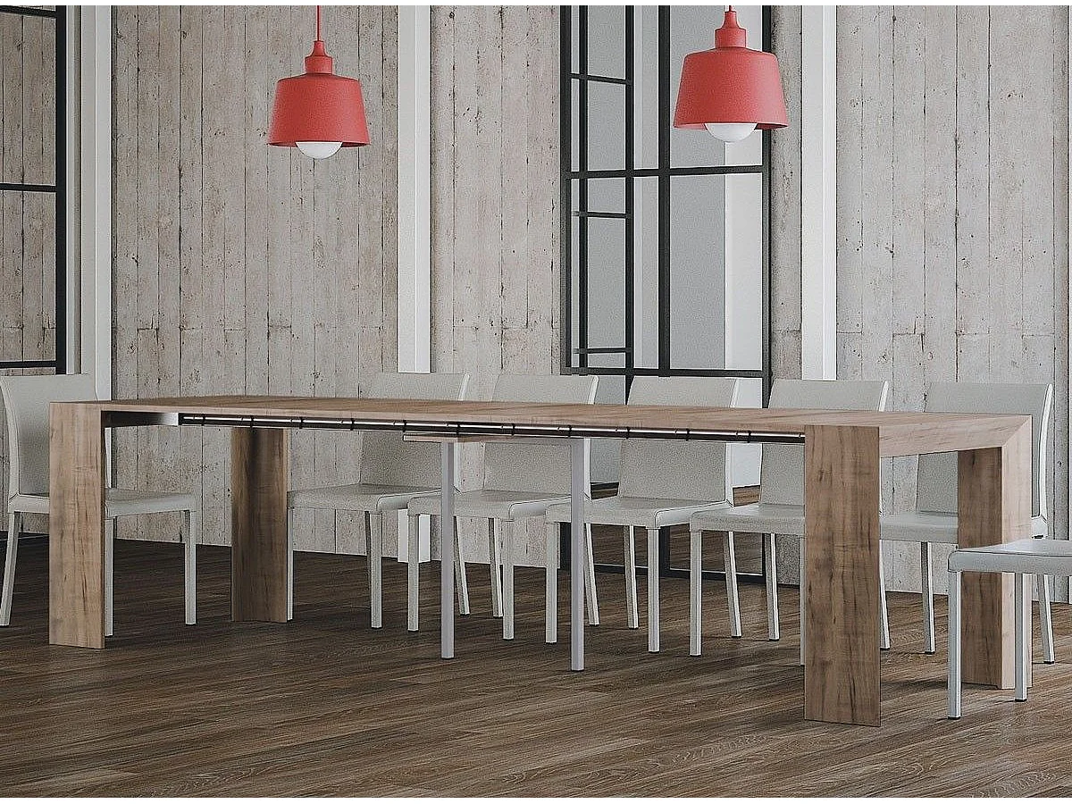 Uitschuifbare naturel eiken melamine console voor 12 personen 45 tot 305 cm Genève