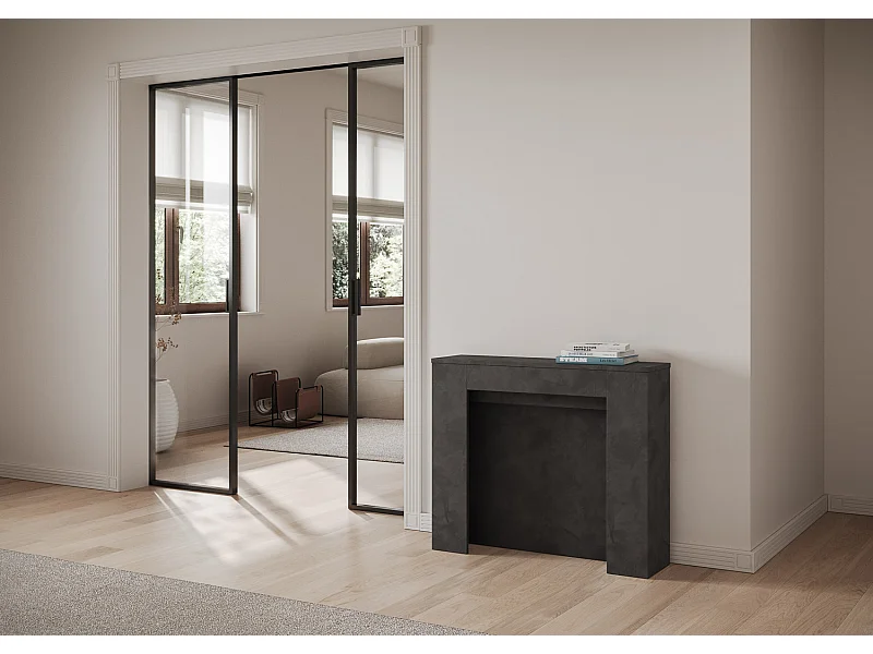 Ausziehbarer Konsolentisch 90x25/211 cm Kiba Effekt anthrazit gespachtelt mit Innenverlängerungen