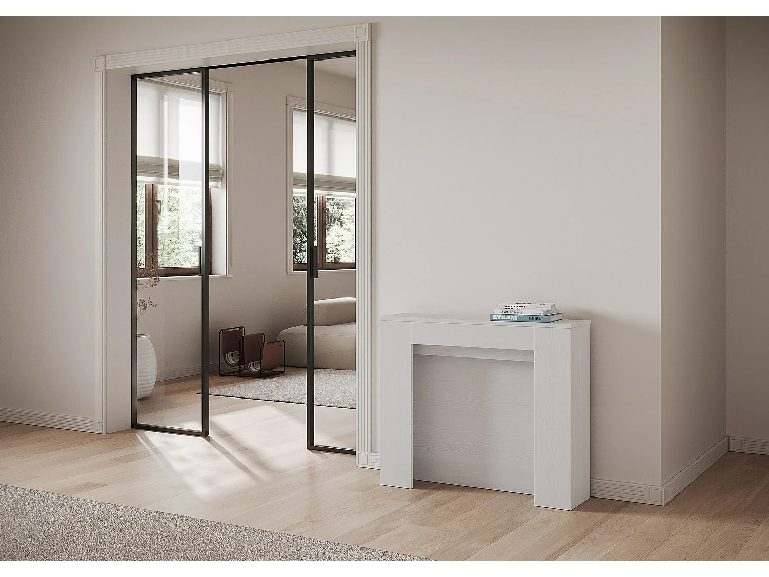 Mesa consola extensível 90x25/211 cm Kiba Cinza Branca extensões internas