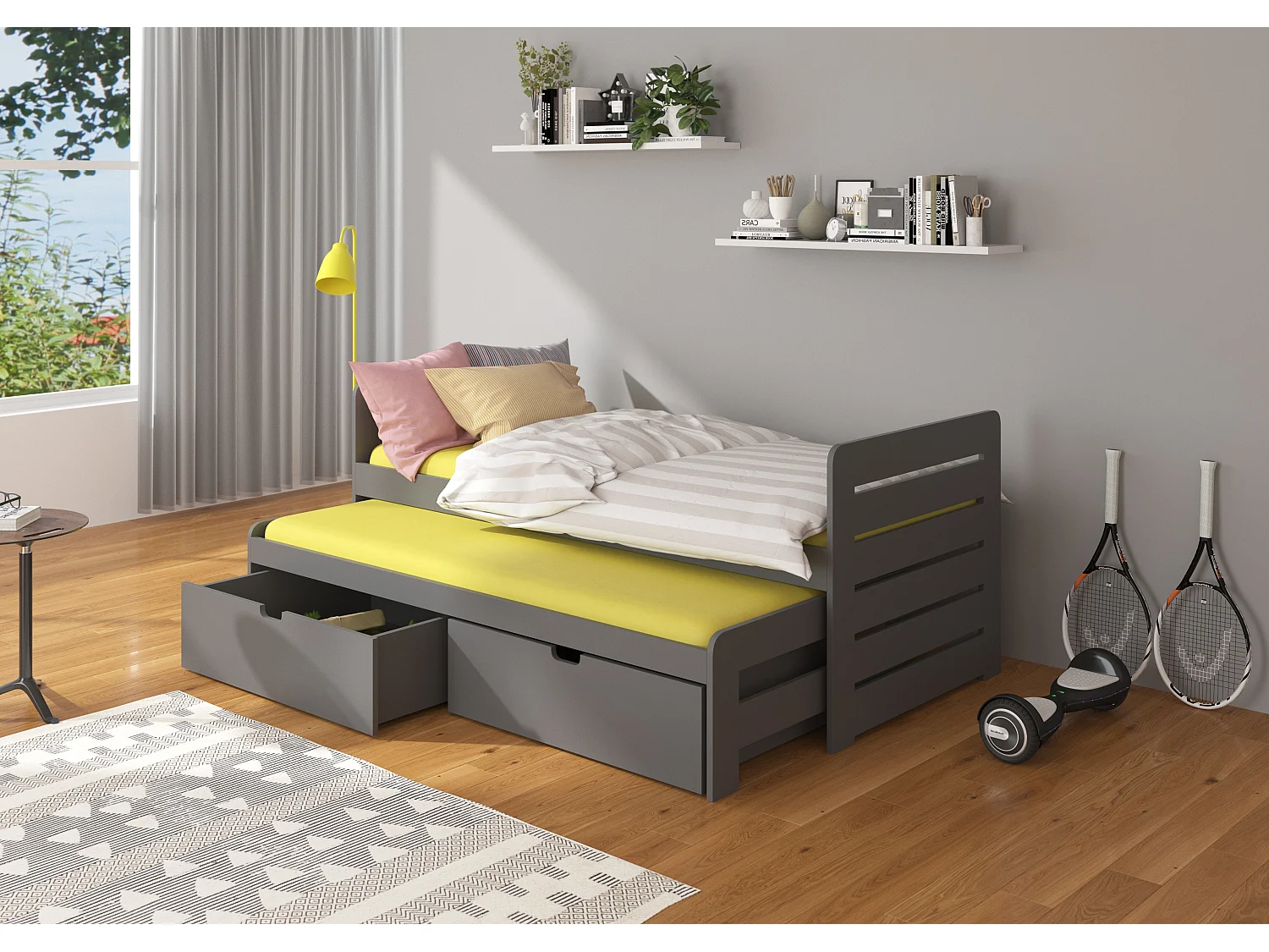 Lit gigogne gris graphite 2 couchages 90x200 avec 2 coffres de rangement Balina