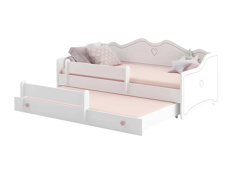 Lit gigogne enfant bois blanc 80x160 petit coeur rose Baky