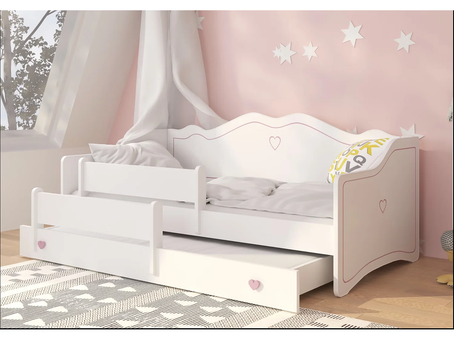 Lit gigogne enfant bois blanc 80x160 petit coeur rose Baky