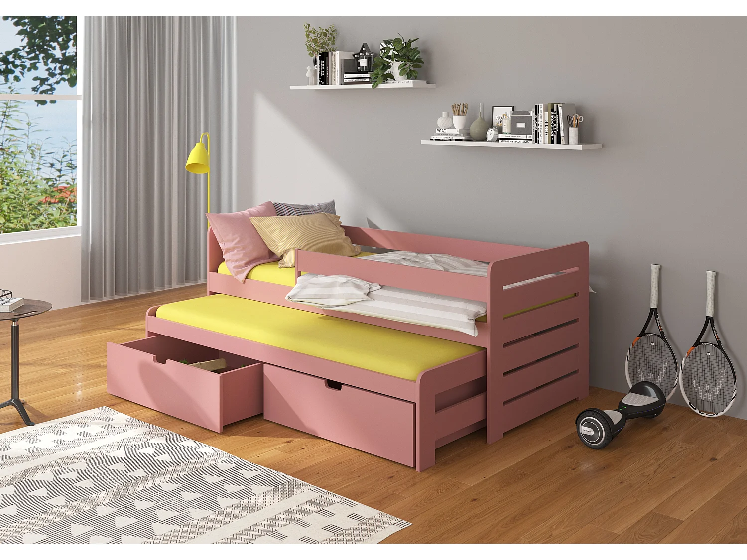 Roze onderschuifbed voor 2 personen 90x200 cm met 2 opbergboxen Solale