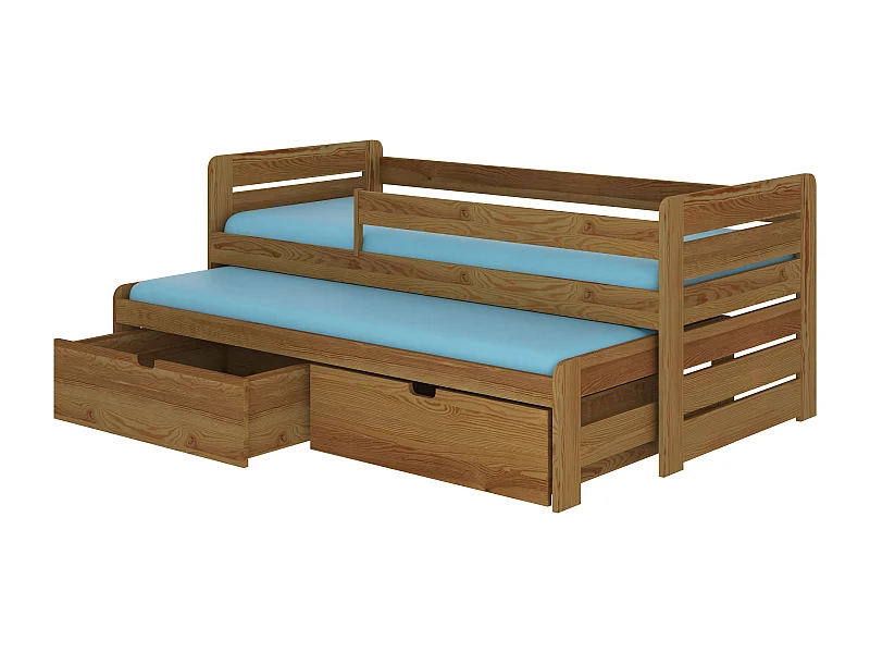 Lit gigogne bois oak 2 couchages 90x200 avec 2 coffres de rangement Solale
