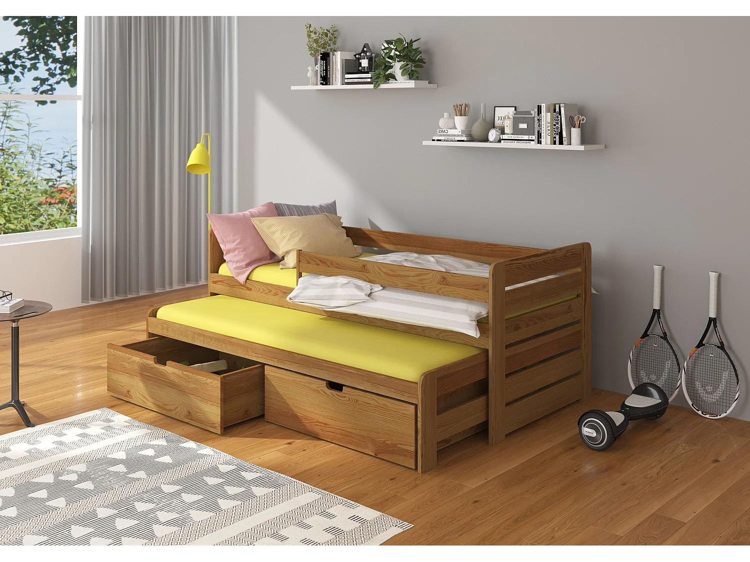 Lit gigogne bois oak 2 couchages 90x200 avec 2 coffres de rangement Solale