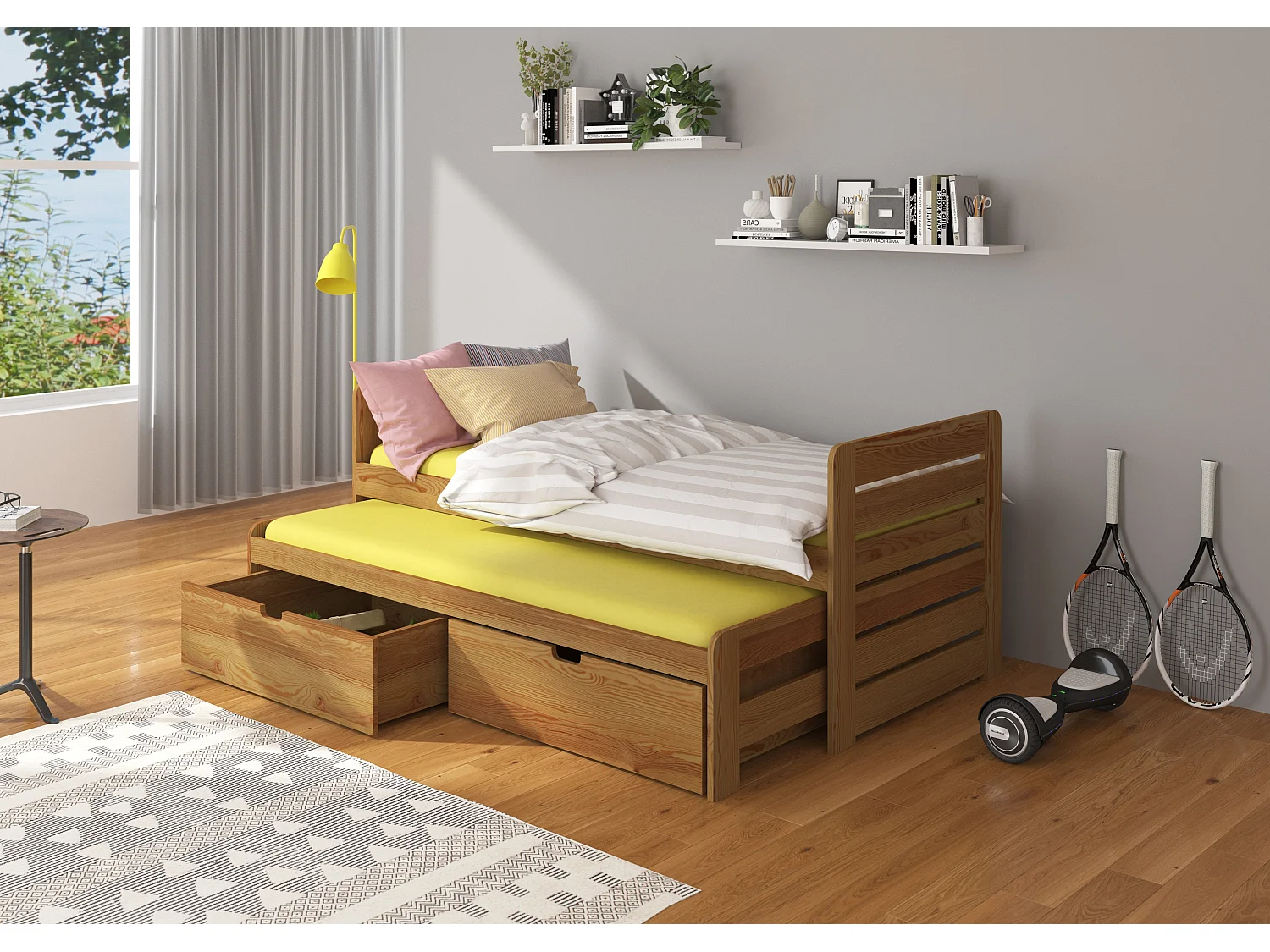 Lit gigogne bois oak 2 couchages 90x200 avec 2 coffres de rangement Balina