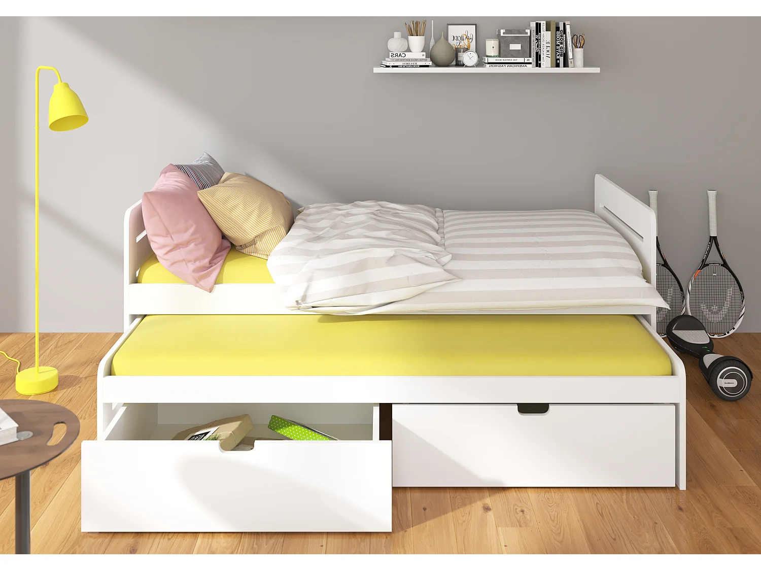 Lit gigogne bois oak 2 couchages 90x200 avec 2 coffres de rangement Balina