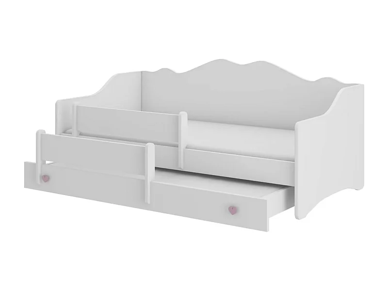 Lit gigogne enfant bois blanc 80x160 petit coeur rose Vekly
