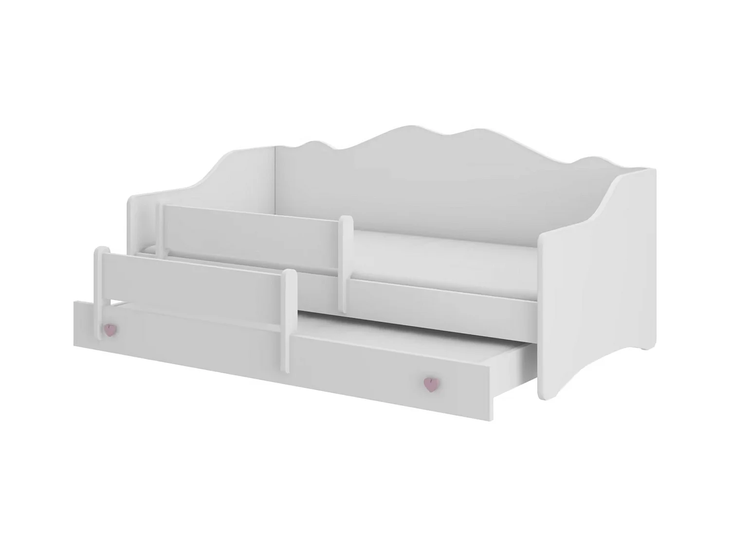 Lit gigogne enfant bois blanc 80x160 petit coeur rose Vekly