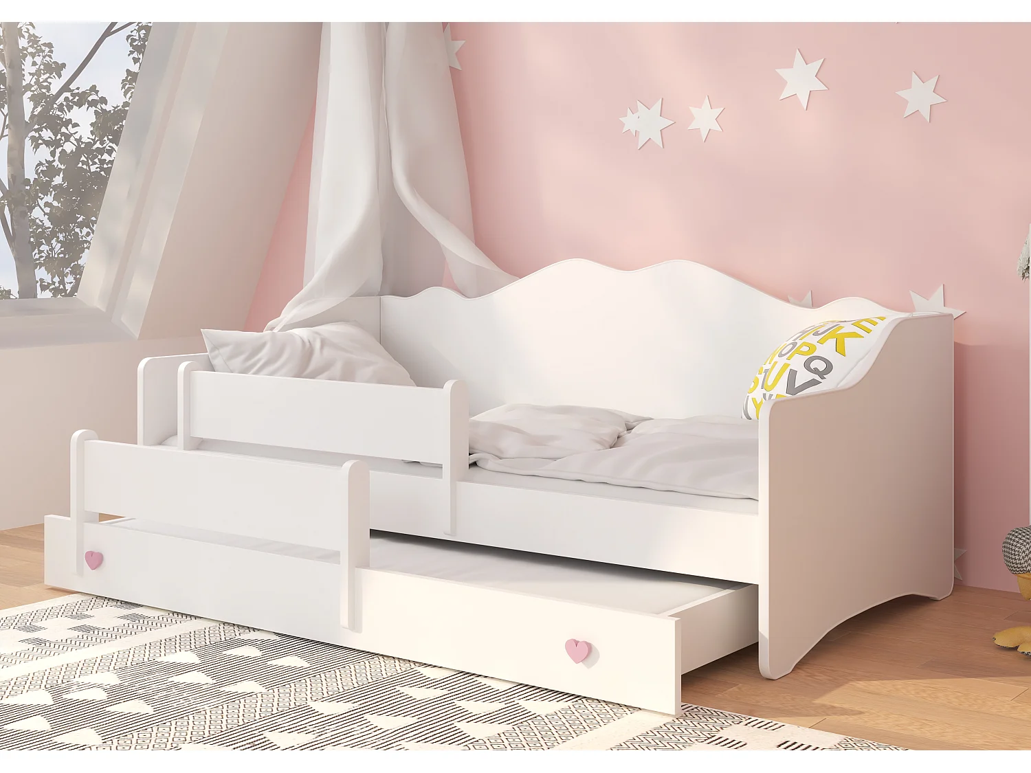 Wit houten kinderonderschuifbed 80x160 cm klein roze hart Vekly