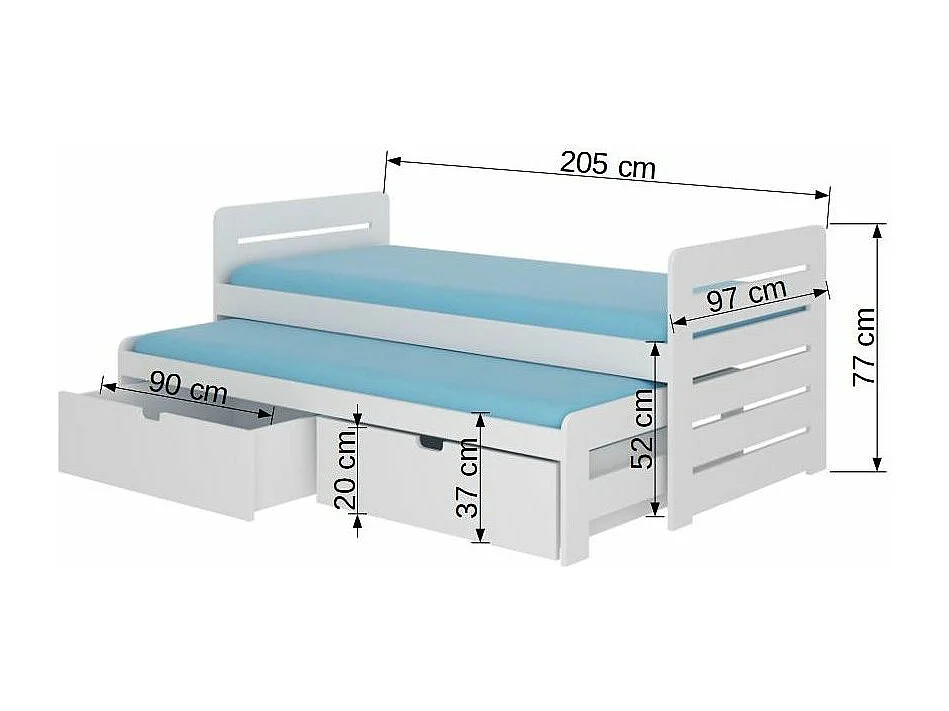 Lit gigogne blanc 2 couchages 90x200 avec 2 coffres de rangement Balina