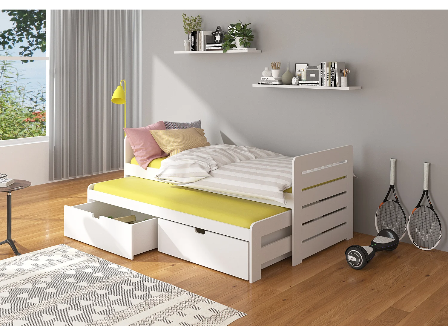 Lit gigogne blanc 2 couchages 90x200 avec 2 coffres de rangement Balina