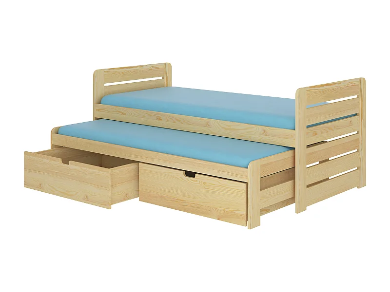 Onderschuifbed van natuurlijk gelakt grenen voor 2 personen 90x200 cm met 2 opbergdozen Balina