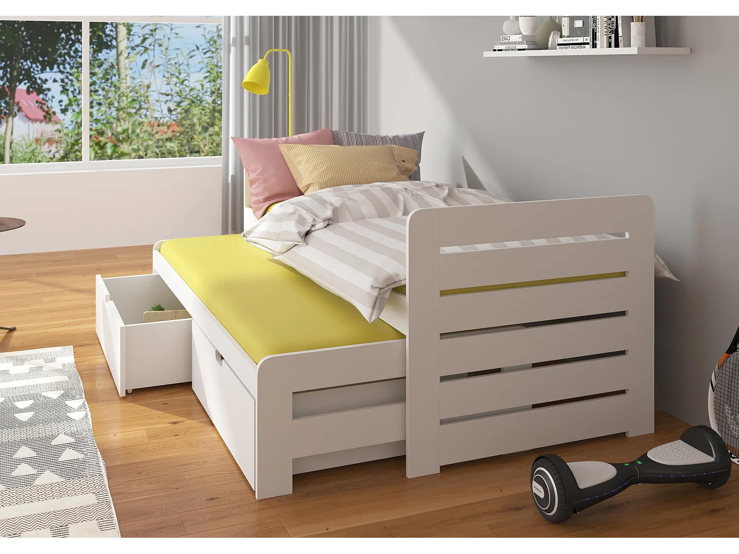 Lit gigogne pin vernis naturel 2 couchages 90x200 avec 2 coffres de rangement Balina